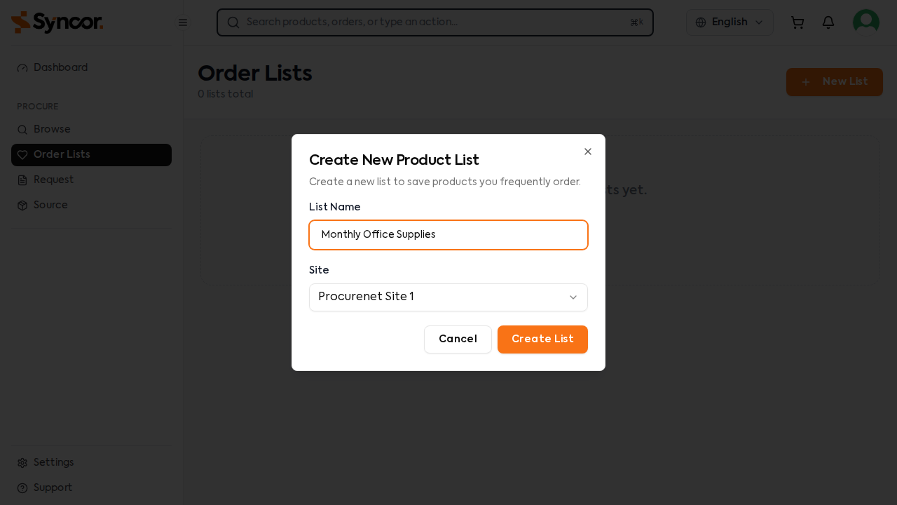 Create Order List Modal